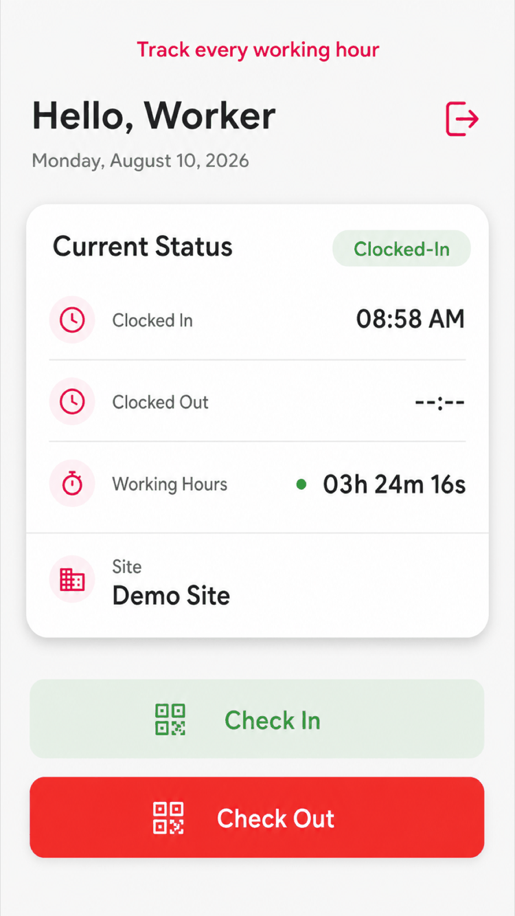 A clocked-in worker seeing clock-in time, working hours and assigned site