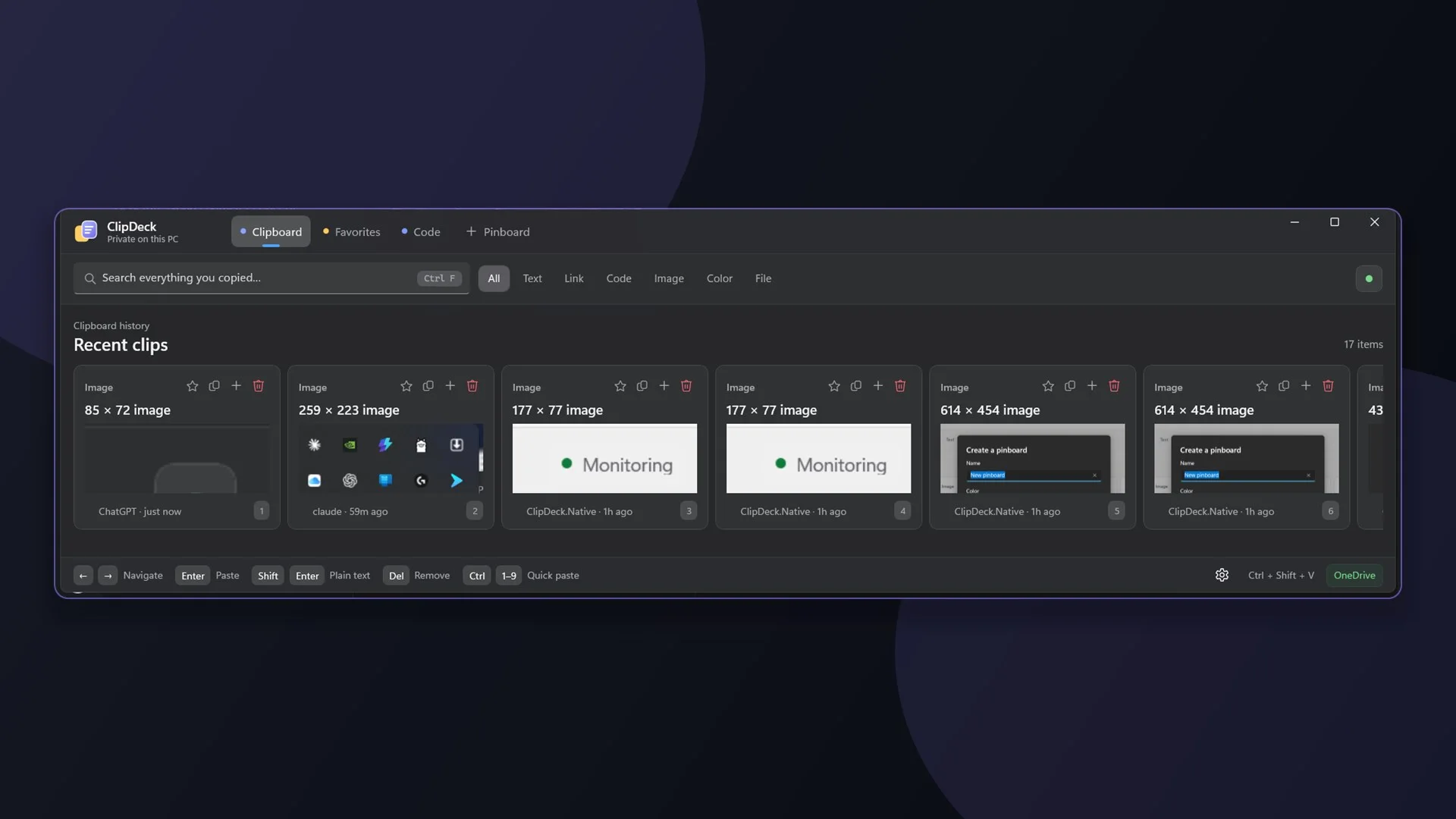 The ClipDeck window showing recent clips as cards, with filters for text, links, code, images, colours and files
