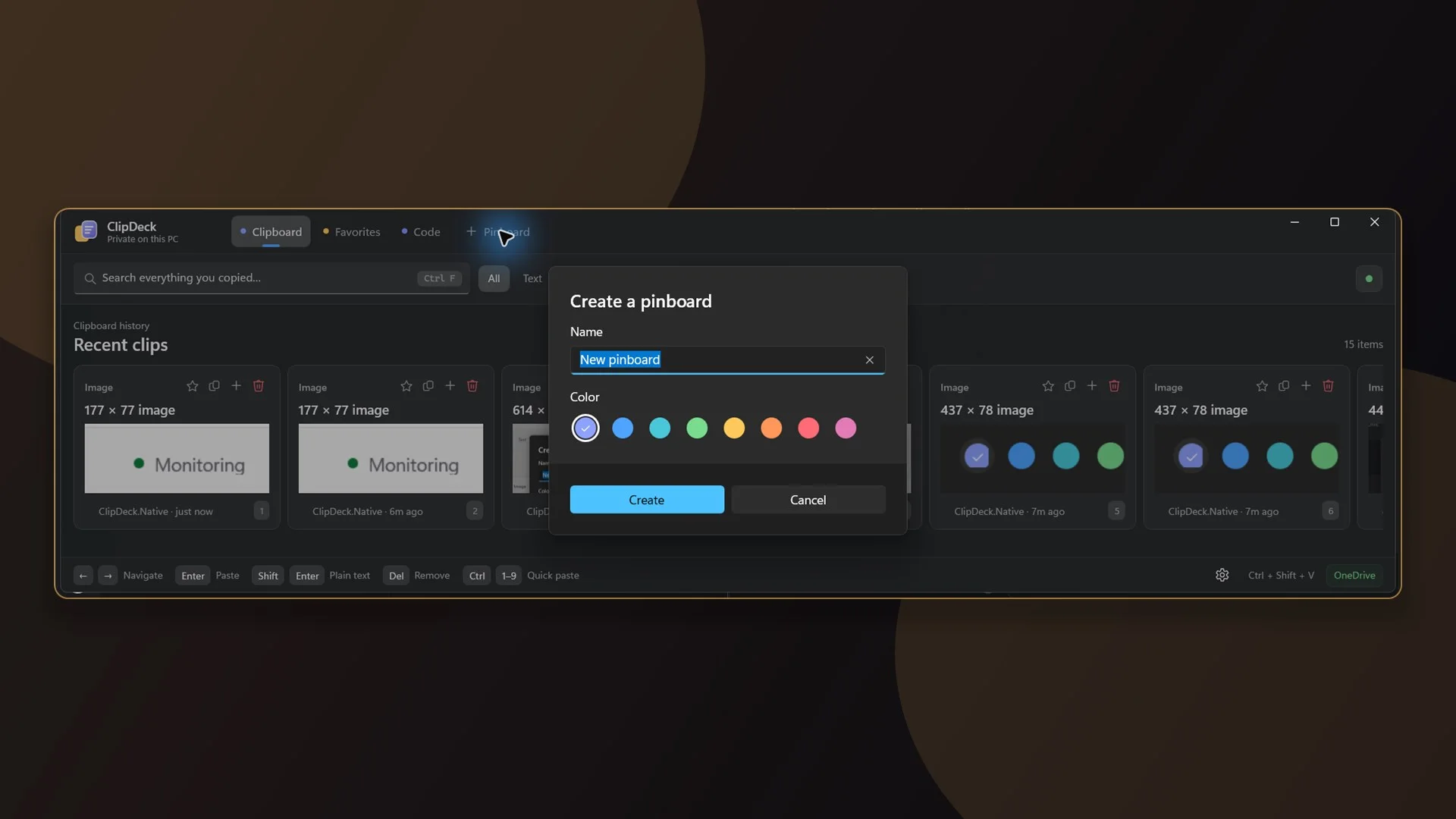 Creating a pinboard, with a name and a colour to file clips under