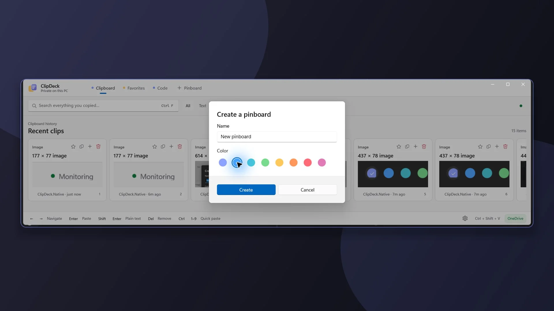 The same pinboard dialog in light theme, following the Windows appearance setting