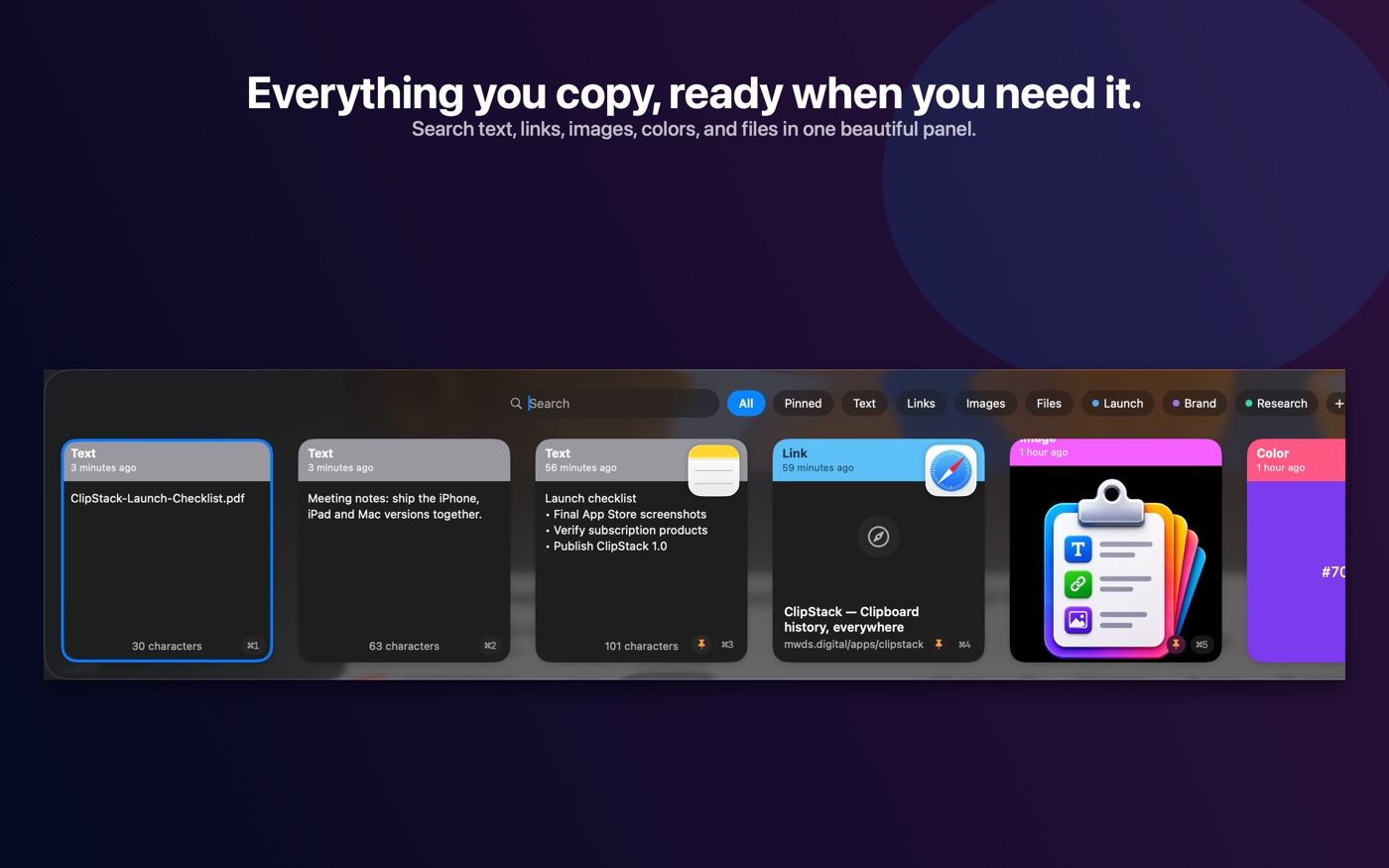 The ClipStack panel open over a Mac desktop