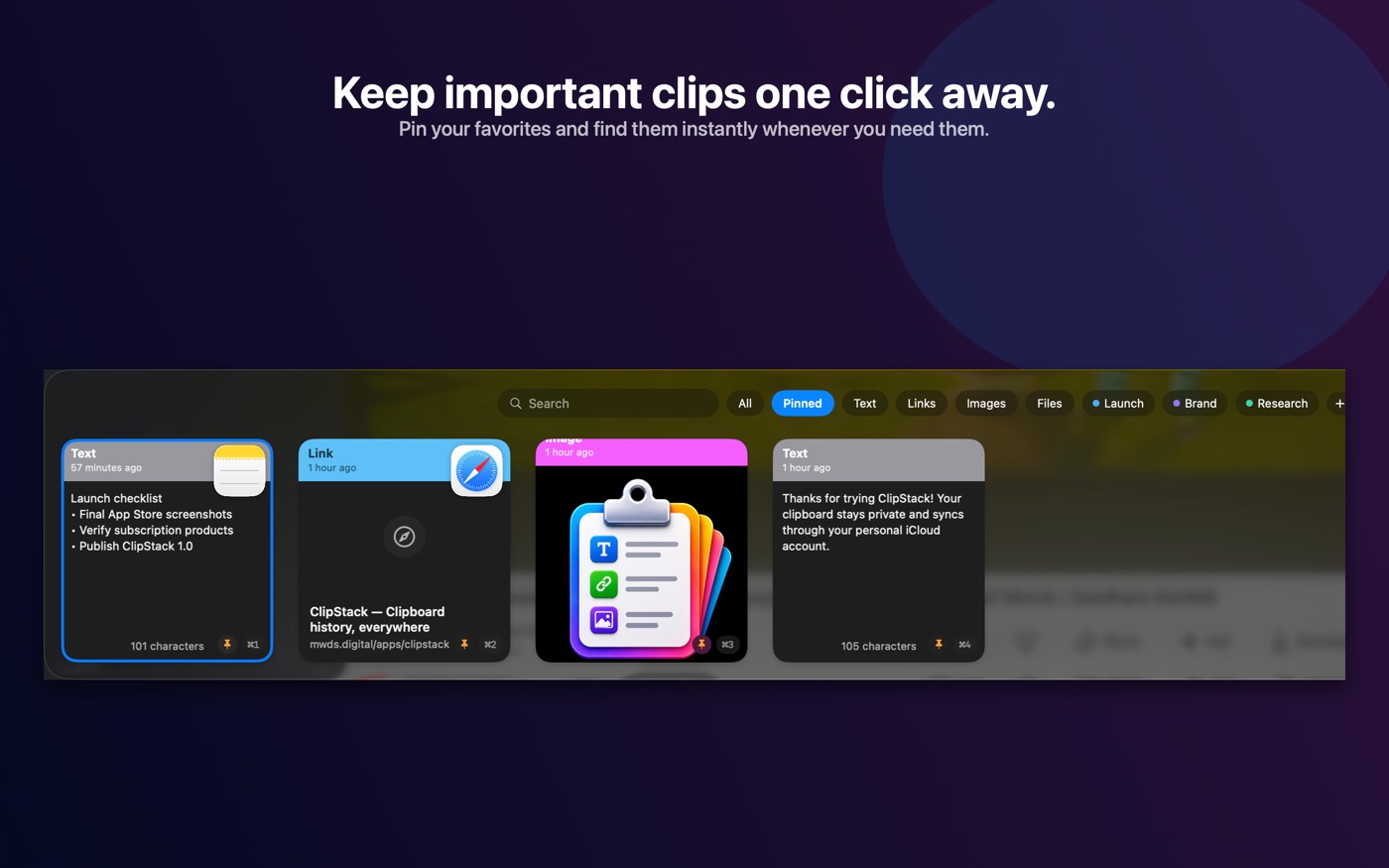 Pinned clips held at the top of the history on Mac