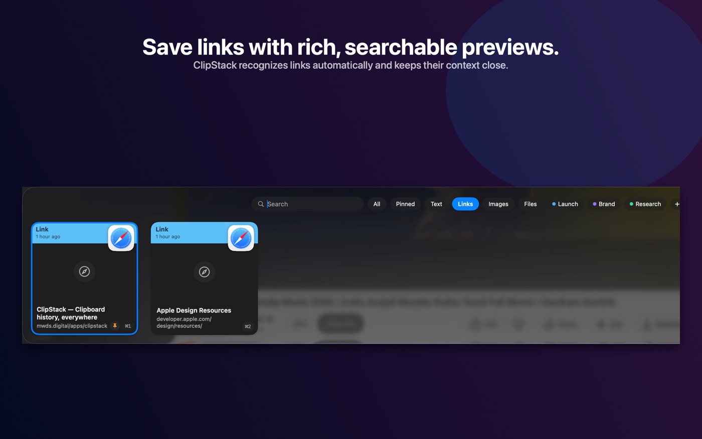 Link previews in the ClipStack panel on Mac