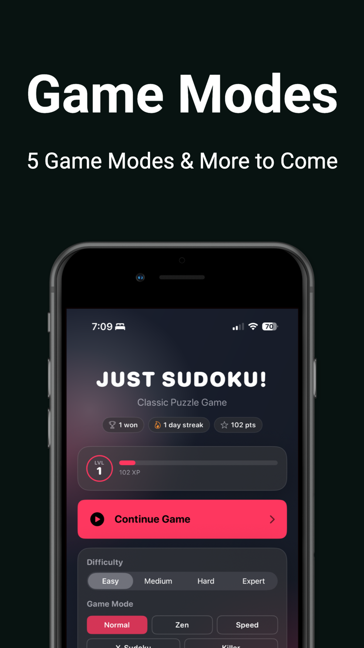 Game modes: Normal, Zen, Speed, X-Sudoku and Killer