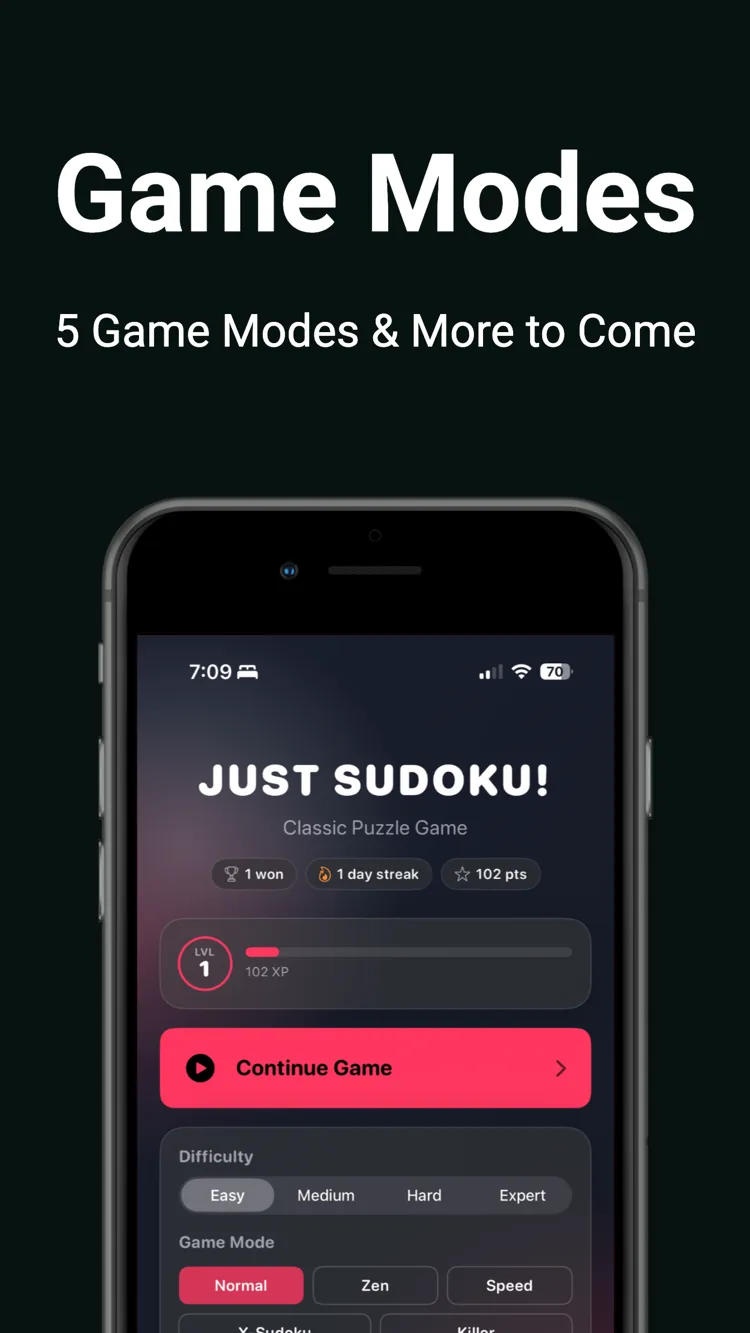 Five game modes: Normal, Zen, Speed, X-Sudoku and Killer