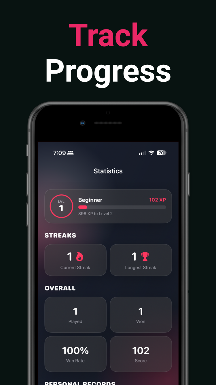 Statistics screen showing XP level, streaks and win rate