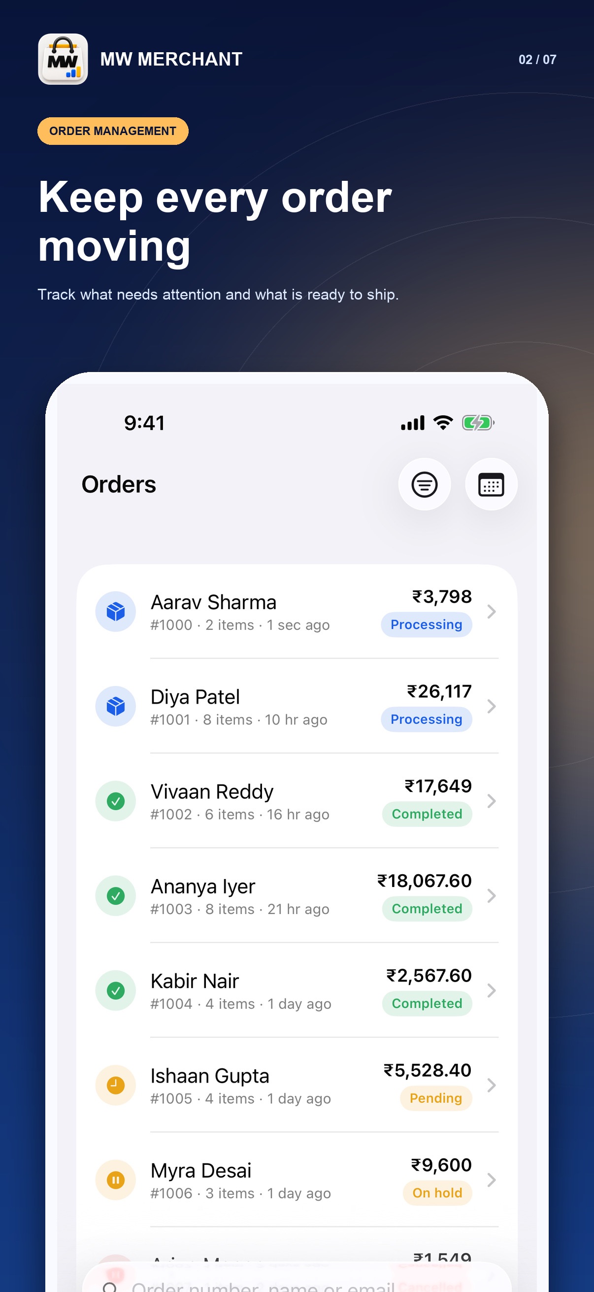 An order in MW Merchant, with its status and line items