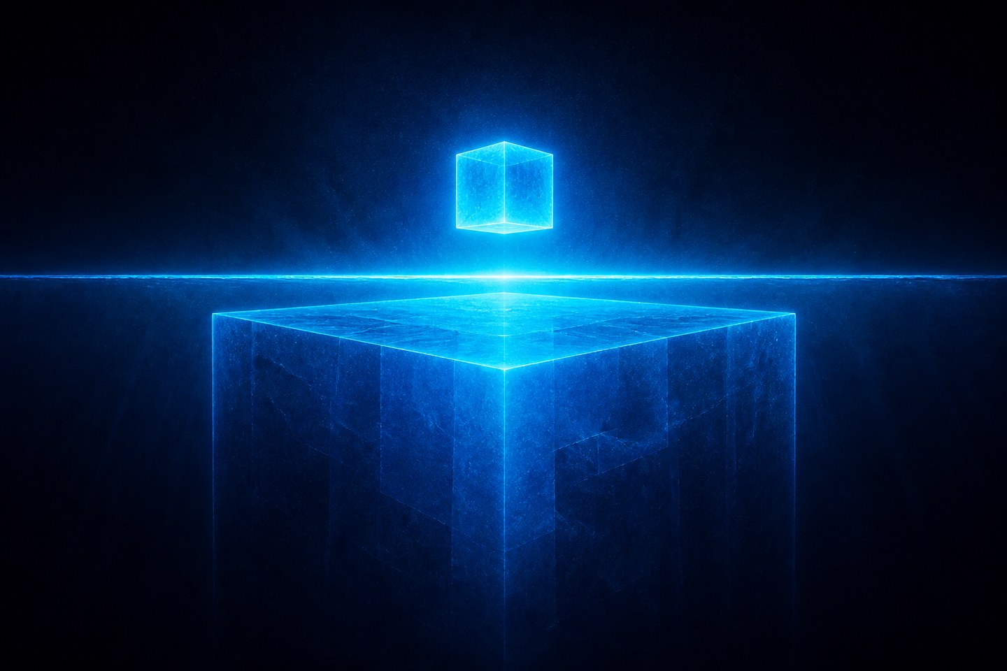 A small bright cube floating above a glowing waterline, with a vastly larger submerged mass looming beneath it.