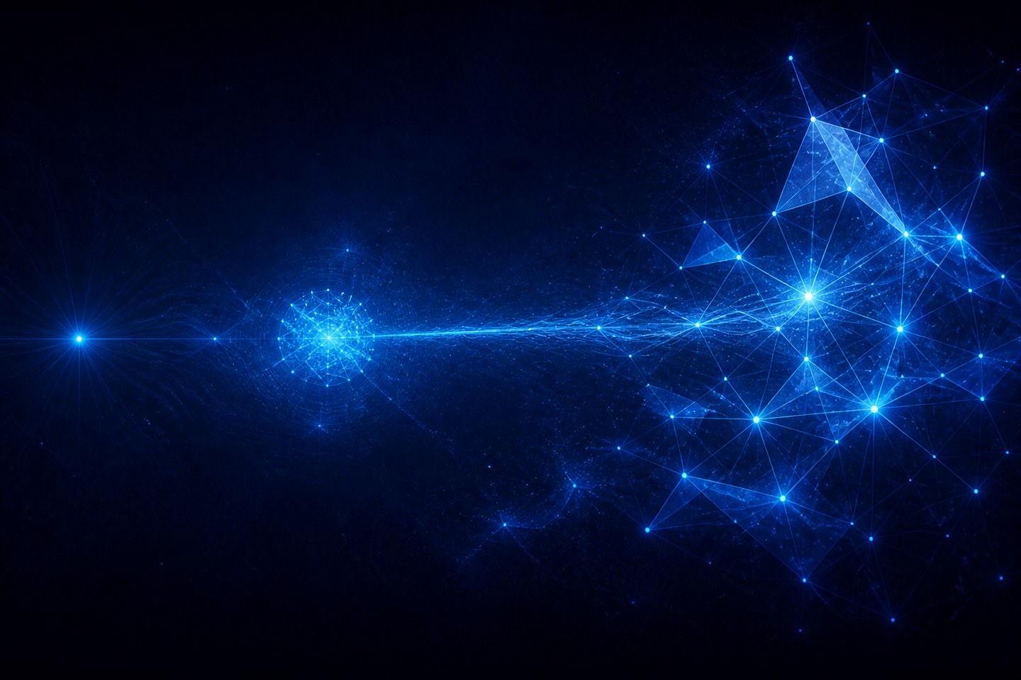 A single point of light, a dense cluster beside it, and a larger distant constellation joined back by one long luminous thread.