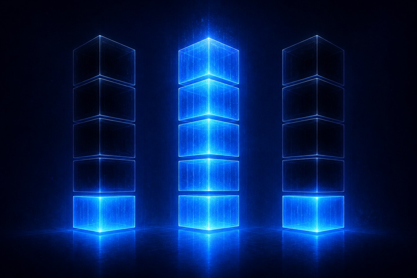 Three tall columns of five stacked segments; the central column lit through all five, the outer two lit only at the base.