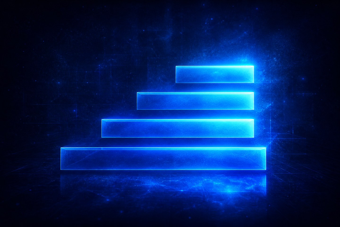 Four glowing bars of increasing length stacked into a rising staircase, each layer brighter than the one beneath it.