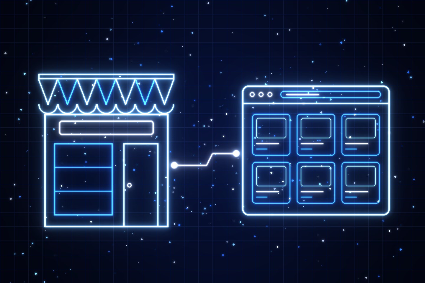 A glowing outline of a shopfront with an awning on the left, and a glowing browser window on the right, joined by a line of light.