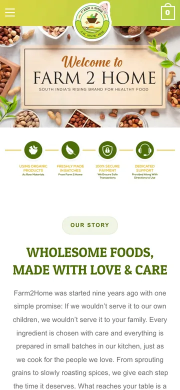 The Farm 2 Home homepage, on a phone